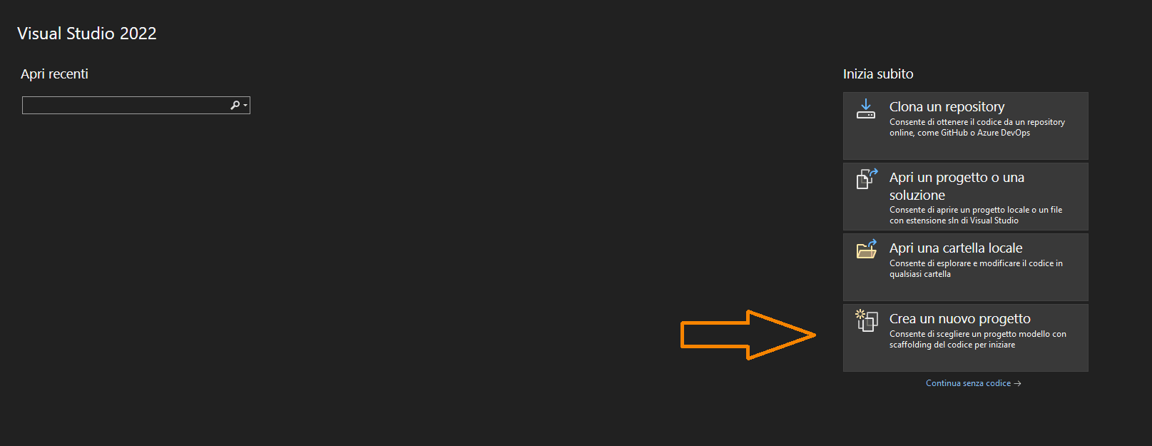 creazione di un nuovo progetto con visual studio Community 2022
