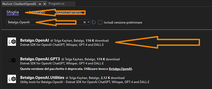 installazione della libreria beltago openai nel progetto