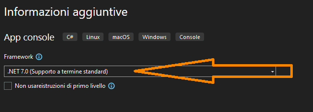 scelta del framework .net con visual studio Community 2022